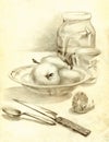 Kitchen still life in pencil. Apples in bowl