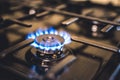 Kitchen stove cook. Kitchen gas cooker with burning blueflames fire propane gas. Royalty Free Stock Photo