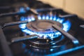 Kitchen stove cook. Kitchen gas cooker with burning blueflames fire propane gas. Royalty Free Stock Photo