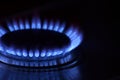 Kitchen stove gas flame close-up. Gas burning in the darkness. Royalty Free Stock Photo