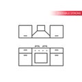 Kitchen with stove or oven and hood thin line vector icon.