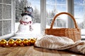 Kitchen table with christmas decorations blurred kitchen background. Royalty Free Stock Photo