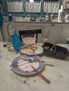 Kitchen table with dinner leftovers eaten by a lonely person during the coronavirus lookdown