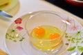 Kitchen table with eggs on basket, focus from top view kitchen table. Royalty Free Stock Photo