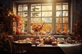 Kitchen table full with orange and white pumpkins and bouquet of flowers in vase