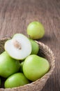 Kitchen table with slice fresh monkey apple on basket. healthy