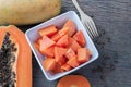 Kitchen table with slice fresh papaya on wood plate, Fruit for t Royalty Free Stock Photo