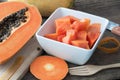 Kitchen table with slice fresh papaya on wood plate, Fruit for t Royalty Free Stock Photo