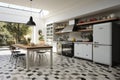 Kitchen With Table, Stove, Refrigerator, and Window