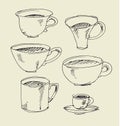 Kitchen tableware hand drawn image. assorted cup and mug sketch artwork. Royalty Free Stock Photo