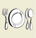 Kitchen tableware hand drawn image. fork, knife, plate and spoon sketch artwork. Royalty Free Stock Photo