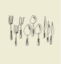 Kitchen tableware hand drawn image. fork, knife and spoon sketch artwork.