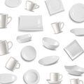 Kitchen tableware items pattern, vector illustration. Ceramic utensils or crockery - cups, dishes, saucers and plates