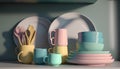 Kitchen tableware, plates, cups and spoons. 3D rendering Royalty Free Stock Photo