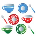 Kitchen tea set. Color images of  colorful saucers, spoons and cups on white background. Dishes and crockery. Vector illustration Royalty Free Stock Photo