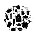 Kitchen tool set in silhouette. Cooking utensil sketch style. Baking equipment collection. Royalty Free Stock Photo