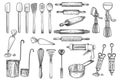 Kitchen, tool, utensil, vector, drawing, engraving, illustration, whisk, rolling pin, decorating Royalty Free Stock Photo