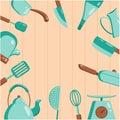 Kitchen tools background. Vector flat illustration Kitchenware collection. Cooking tools, utensils, cutlery isolated on wooden Royalty Free Stock Photo