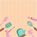 Kitchen tools background. Vector flat illustration Kitchenware collection. Cooking tools, utensils, cutlery isolated on wooden Royalty Free Stock Photo