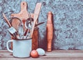 Kitchen tools for cooking on a wooden table Royalty Free Stock Photo