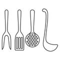 Kitchen tools cutlery set of fork, spatula, skimmer and soup ladle outline simple minimalistic flat design vector Royalty Free Stock Photo