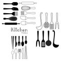 Kitchen tools cutlery set of spoons, fork, knife and pair of chopsticks, baking and cooking utensil outline simple minimalistic