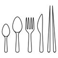 Kitchen tools cutlery set of spoons, fork, knife and pair of chopsticks outline simple minimalistic flat design vector