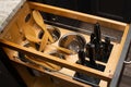 kitchen tools in drawers cabinet modern open luxury shiny Royalty Free Stock Photo
