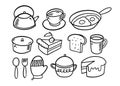 Kitchen tools and food doodle elements set. Hand drawn black color line art vector illustration. Royalty Free Stock Photo