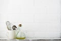 Kitchen tools on a kitchen shelf against a white brick wall. selective focus Royalty Free Stock Photo
