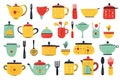 Kitchen tools. Kitchenware, cooking baking utensils. Doodle ceramic kettle, spatula and glass. Isolated modern household elements Royalty Free Stock Photo