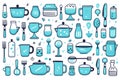 Kitchen tools. Kitchenware, cooking baking utensils. Doodle ceramic kettle, spatula and glass. Isolated modern household elements Royalty Free Stock Photo