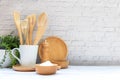 Kitchen tools and kitchenware utensil object with ingredients on kitchen shelf wood white for healthy eat