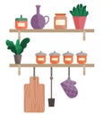 Kitchen tools and restaurant equipment on shelves. Kitchen shelf with kitchenware and utensil