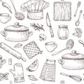 Kitchen tools seamless pattern. Sketch cooking utensils hand drawn kitchenware. Engraved kitchen elements vector Royalty Free Stock Photo