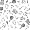 Kitchen tools seamless vector pattern. Hand-drawn illustration isolated on white background. Dishes - stewpan, colander, grater Royalty Free Stock Photo