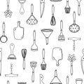 Kitchen tools seamless vector pattern. Hand-drawn illustration on a white background. Dishes - cutting board, corkscrew, peeler Royalty Free Stock Photo