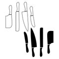 Kitchen tools set of four kitchen knives for butter, bread, carving knife and cleaver line and negative outline simple Royalty Free Stock Photo