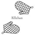 Kitchen tools set of two oven-gloves and handdrawn lettering kitchen word outline simple minimalistic flat design vector Royalty Free Stock Photo