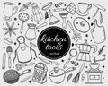 Kitchen tools set of vector icons. Hand-drawn illustration isolated on white background. Silhouette of the dishes - cup, frying Royalty Free Stock Photo