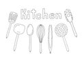 Kitchen tools set. Turner, ladle, mesh, tongs, spaghetti server. Vector isolated elements