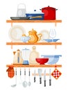 Kitchen tools on shelves vector illustration. Wooden shelf with kitchenware for cooking. Glass, porcelain and enamelware