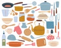 Kitchen tools. Spatula, spoon, pan, knife, bowl, dishes. Flat cartoon kitchenware, cookware, cooking and baking