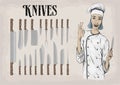 Kitchen tools utensils equipment ware set: knives chef`s knife p Royalty Free Stock Photo