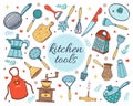 Kitchen tools collection of vector icons. Hand-drawn illustration isolated on white background. Kitchen utensils - knife, grater