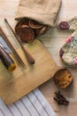 Kitchen tools on vintage wooden background.