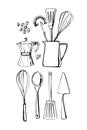 Kitchen tools. Whisk, spoon, spatula. Vector sketch of food in ink on a white background.