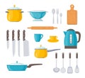 Kitchen utensil. Cookware for cooking of dishes. Set icons of kitchenware. Tool for cook, food, restaurant and home. Flat cutlery Royalty Free Stock Photo