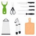 Kitchen utensil design elements set collection. Peeler, scissor, knife, wooden cutting boards, grater. Vector cooking and