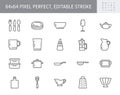 Kitchen utensil line icons. Vector illustration include icon - tableware, dish, pan, casserole spatula, plate, wineglass